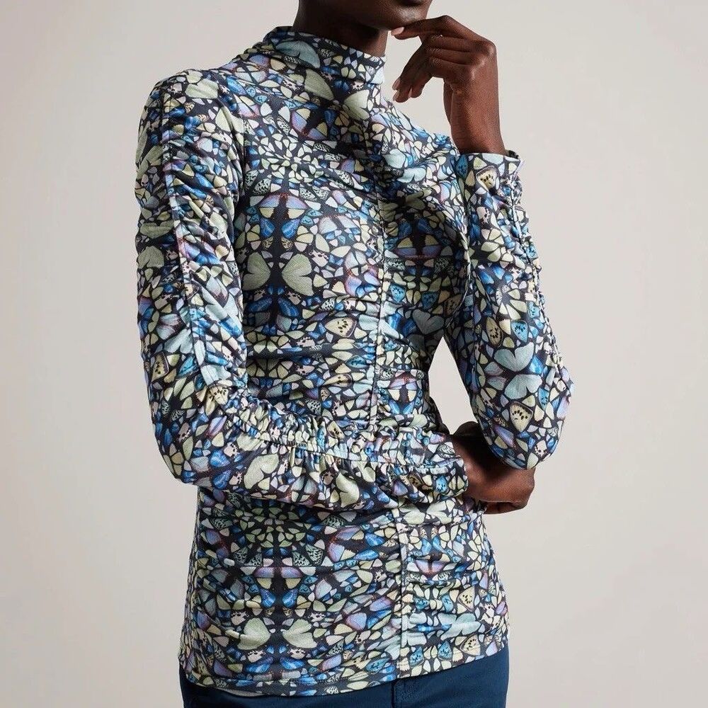 Ted Baker Gianie Kaleidoscope Butterfly Fitted Ruched Top Shirt Womens Size 1